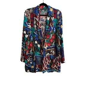 Vintage 80s Funky Tribal Print Oversized Blazer Womens Size M Rayon